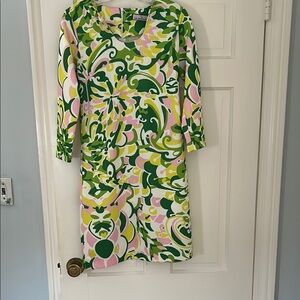 Pink and Green Floral Sheath Dress with Crew Neck